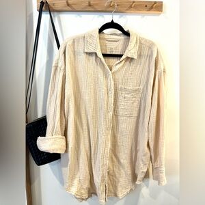 Aerie Beige Cotton Gauze Button-Up Shirt